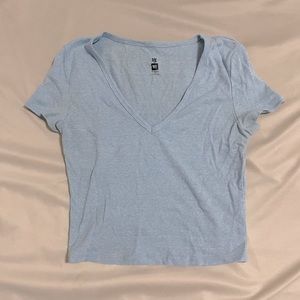 Me to We Blue Vneck Ribbed Short Sleeve Top